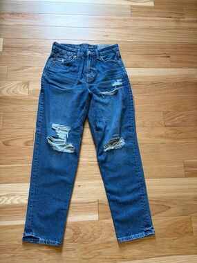 American Eagle Outfitters Curvy Mom Jeans in Blue with Distressed Knees